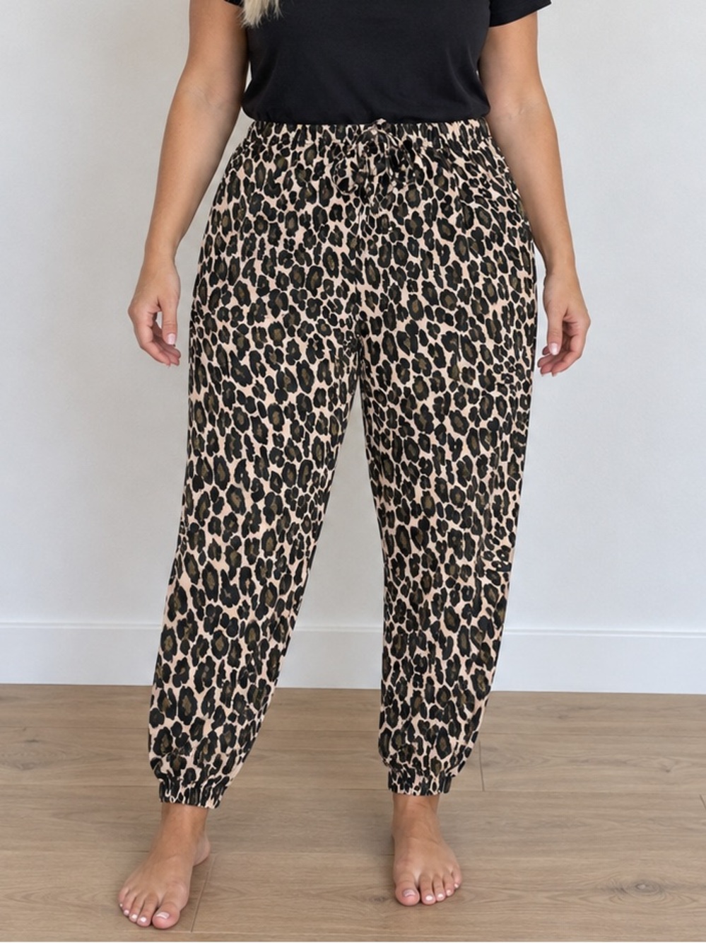 Leopard Print Lounge Pants Elastic Waist Faux Tie Stretch Cuffed Joggers